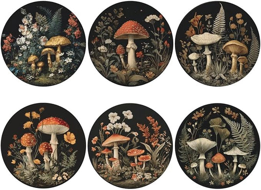 Mushroom Coasters for Drinks with Holder Round Leather Coasters Set of 6 Cups Mugs Mat Pad for Home Kitchen Bar
