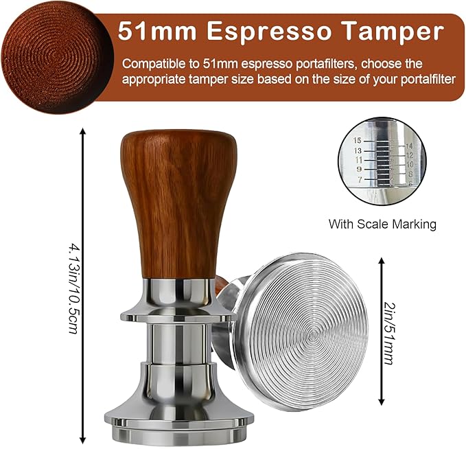 Coffee Espresso Tamper with WDT Tool, Coffee Press with Silicone Mat, 100% Flat Stainless Steel Base Tamper for Espresso Coffee Machine (Brown2, 51mm)
