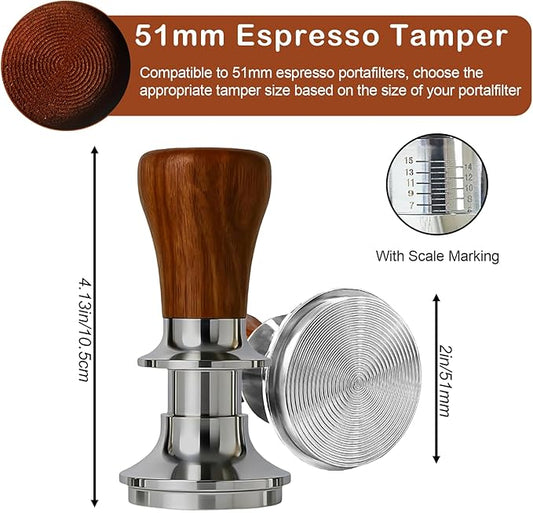 Coffee Espresso Tamper with WDT Tool, Coffee Press with Silicone Mat, 100% Flat Stainless Steel Base Tamper for Espresso Coffee Machine (Brown2, 51mm)