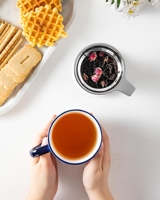 vancasso SELENE Porcelain Tea Mug, 18 oz Porcelain Tea Cup with Infuser and Lid Steeps Loose Leaf Tea, Microwave & Dishwasher Safe, Geometric Weave