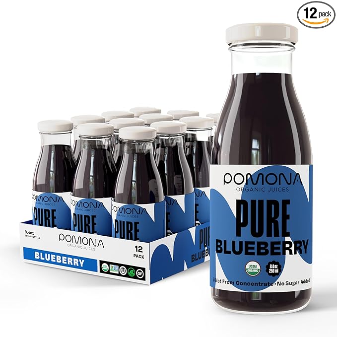 Pomona Organic Juices Pure Blueberry Juice, Cold Pressed Organic Juice, Non-GMO, No Sugar Added, Not from Concentrate, Gluten Free, Kosher Certified, Preservative Free, 8.4 Ounce (Pack of 12)