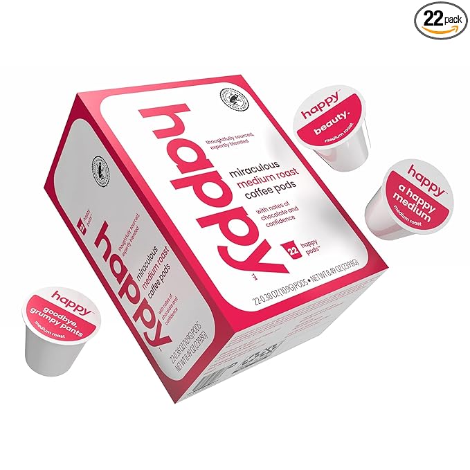 happy coffee medium roast coffee pods, 22 count, notes of chocolate & confidence, compatible with most K-cup brewers, rainforest alliance certified