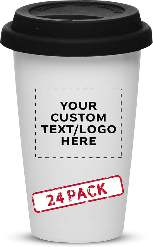 Personalized 11 oz. Double Wall Ceramic Tumblers with Lid - 24 Pack - Custom Text, Logo - Black