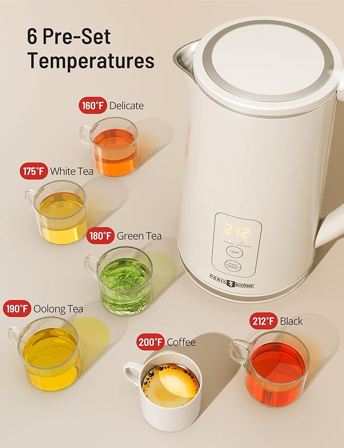 Paris Rhône Electric Kettle, Tea Kettle with 6 Temperature Settings, 1.7L Cordless Hot Water Boiler Heater, Strix Thermostat, Touch Control, Auto-Shutoff/Boil-Dry Protection, Keep Warm, LED Indicator