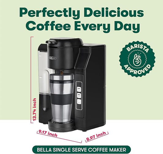 BELLA Single Serve Coffee Maker, Dual Brew, K-cup Compatible - Ground Coffee Brewer with Removable Water Tank & Adjustable Drip Tray, Perfect for Travel Mug
