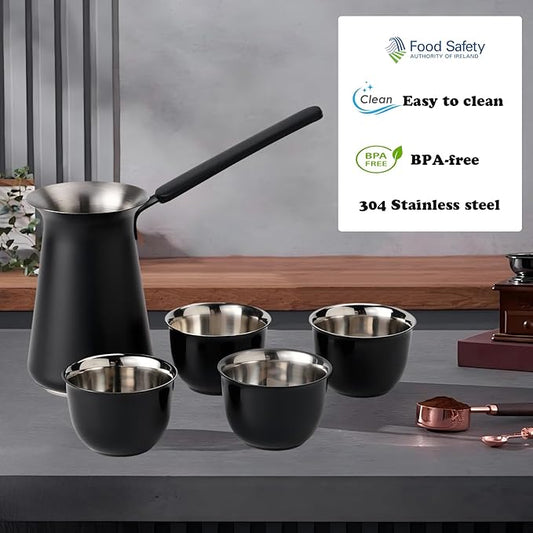 UNISWEET Turkish Coffee Pot Set- Coffee Maker, Briki Greek Turkish Pot with 4 Small Cups, Arabic Tea Pot, Cezve/Ibrik Coffee Pot for Stovetop(1 pot and 4 small cups)