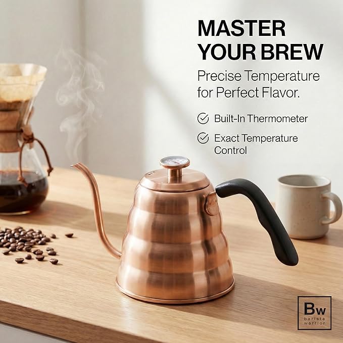 Barista Warrior Gooseneck Kettle for Pour Over Coffee & Tea - 1.2L Kettle Stovetop with Built-In Thermometer, Precision Drip Spout, Stainless Steel - Copper Coated Stainless Steel