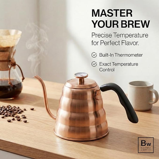 Barista Warrior Gooseneck Kettle for Pour Over Coffee & Tea - 1.2L Kettle Stovetop with Built-In Thermometer, Precision Drip Spout, Stainless Steel - Copper Coated Stainless Steel