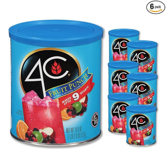 4C Powdered Drink Mix Canister, Fruit Punch 6 Pack, 9 Quarts, Family Sized Bin, Thirst Quenching Flavors