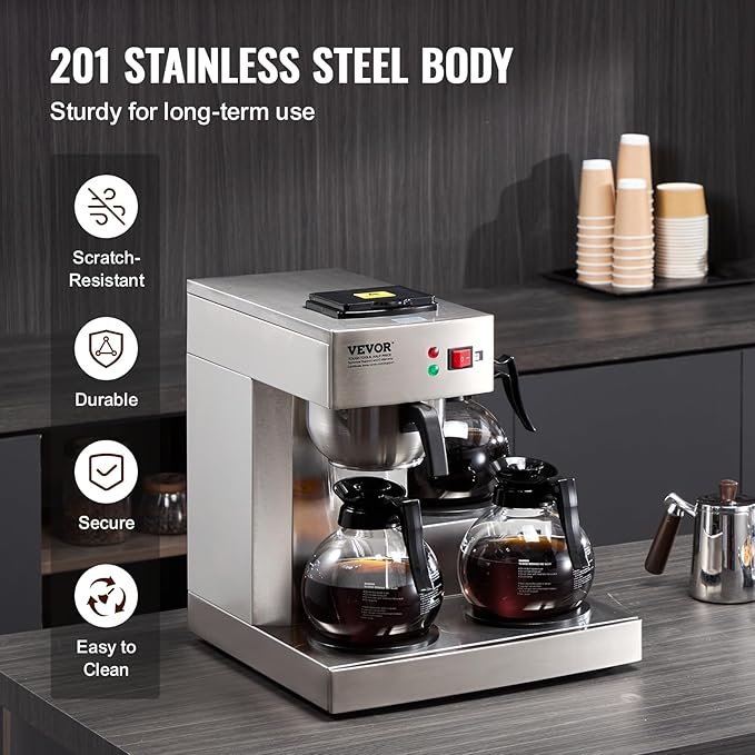 VEVOR 12 Cups Commercial Drip Coffee Maker, Coffee Maker Machine with 3 Glass Carafes and 3 Warmer Plates, Stainless Steel Pour Over Coffee Brewer for Restaurant, Office, Cafe