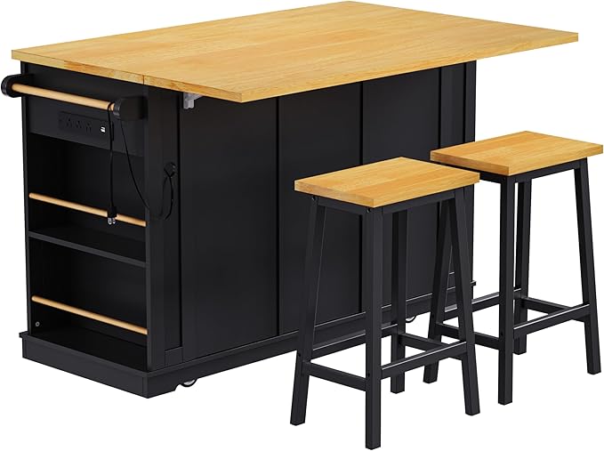 Rolling Kitchen Island with 2 Bar Stools, Drop Leaf & Power Outlet, Large Kitchen Islands Cart on Wheels, Movable Kitchen Island with 5 Open Shelves & Towel Rack for Kitchen, Dining Room, 53″, Black