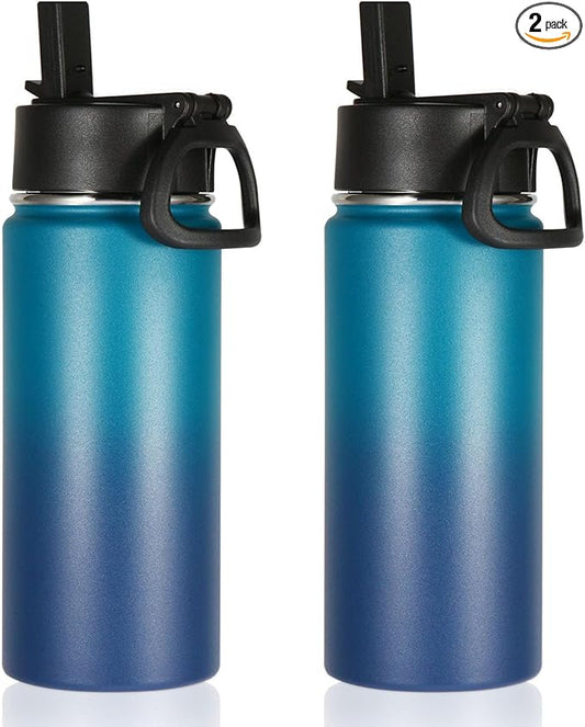 Volhoply 16 OZ Kids Water Bottle Bulk 2 Pack,Insulated Sports Bottles with Straw Lid,Stainless Steel Bottle with Handle Keep Cold & Hot,Double Wall Vacuum Tumbler Cups for School(Dark Night, 2)