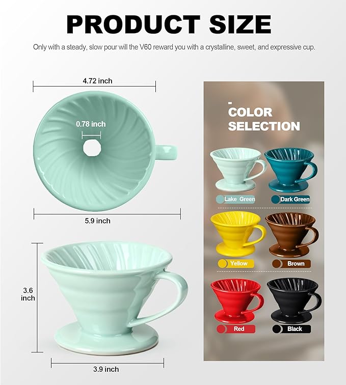 Pour Over Coffee Dripper - Ceramic Cup, Pour Over Coffee Maker Cone, Porcelain Cone, Easy Manual Brew Maker - Strong Flavor Brewer for Home, Cafe, Office - 1-4Cup, V60 Size 02 (Lake Green)