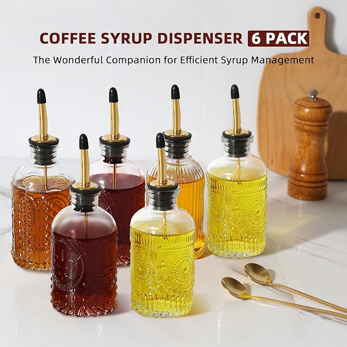 Coffee Syrup Dispenser Bottles, 6 Pack Glass Syrup Dispensers for Coffee Bar, 7.4 Fl Oz Small Maple Syrup Container Set with Golden Spoon, Vintage Oil Dispenser Bottle for Kitchen