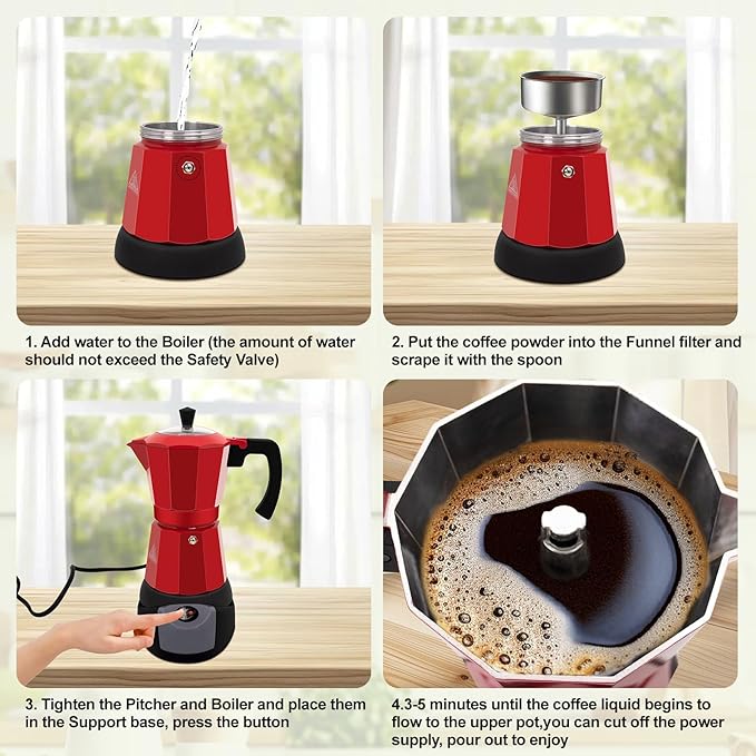 Vaolvpant Electric Aluminum Moka Pot 5-6 Cup 270ml Espresso Maker with Detachable Base Ideal Coffee Makers for Home MochaPot Italian and Cuban Café Coffeemaker Espressomaker CoffeePot Red