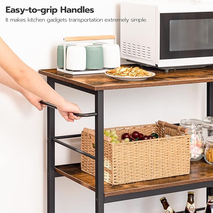 HOOBRO Kitchen Island with Storage, Industrial Kitchen Counter with Hooks and Side Enclosures, 3 Tier Kitchen Cart with Large Workstation, Saving Space, Easy Assembly, Rustic Brown and Black BF03ZD01
