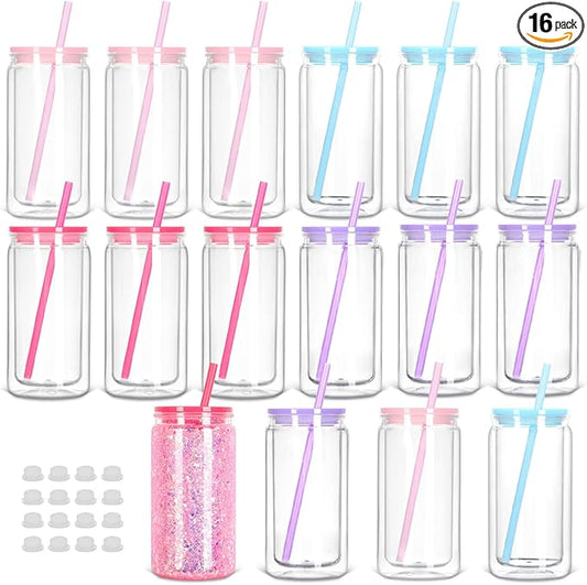 16 Oz Plastic Snow Globe Tumbler with Lid and Straw,16 Pack Double Wall Pre Drilled Plastic Mason Jar Cups Can for Snow Globe Glitter DIY Gift(Mixed Colors)