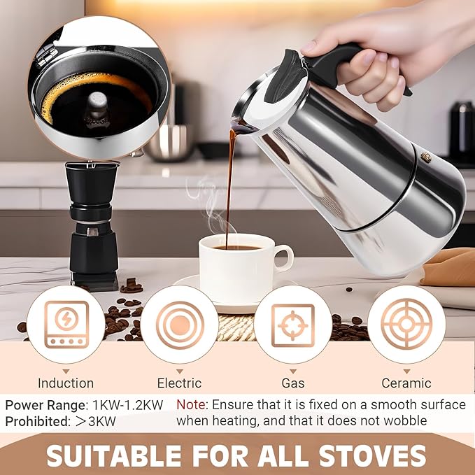 Suiitat Moka Pot, 9 Cups (15.9 oz) Stovetop Espresso Maker, 304 Stainless Steel Moka Pot, Induction Compatible, Silver