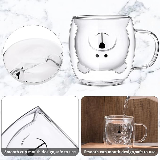 Eccliy 8 Pcs Cute Bear Mugs Bear Tea Cup 8.5 oz Double Wall Glass Honey Milk Coffee Mug with Handle Insulated Glass Espresso Cups Birthday Gift for Women Men Gift