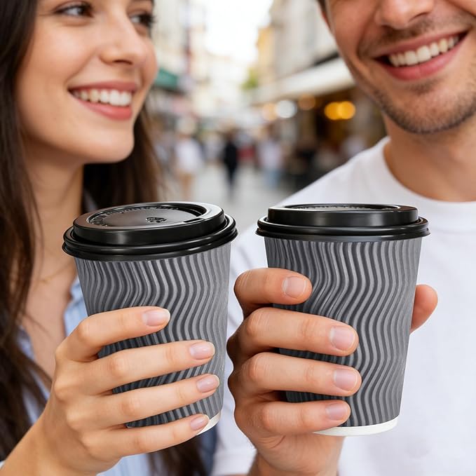 BYSNOW 500 Pack 12 oz Coffee Cups with Lids, Disposable Insulated Hot Cups To Go Paper Coffee Cups, Corrugated Ripple Wall Cup for Hot Drink, Office, Coffee Bar (Grey 12 oz)