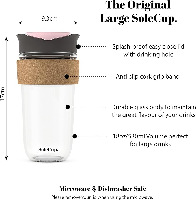 Large Travel Mug - Reusable Insulated Coffee Mug - 18oz/530ml BPA-Free Hot Drink Travel Mug with Lid & Cork Band (Gray and Pink, 18oz)