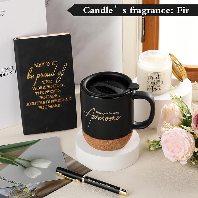 4 Pcs Thank You Gift for Men Women Employee Coworker Inspirational Appreciation Notebook Coffee Mug Scented Candle Pen Gift for Valentine's Day Team Office Staff Teacher Volunteer(Black)