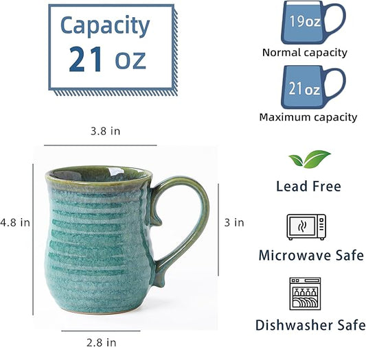 21 oz Large Ceramic Coffee Mugs, Handmade Cup with Large Handle, Big Tea and Coffee Cups for Office and Home, Microwave and Dishwasher Safe (Crystal Green)