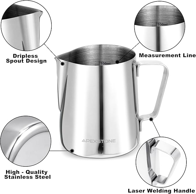 Apexstone 12 oz Espresso Steaming Pitcher Silver, Coffee Milk Frothing Cup Silver, Coffee Steaming Pitcher 12 oz/350 ml