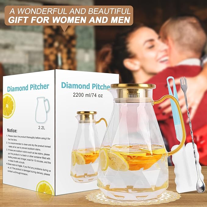 Yirilan Glass Pitcher, 2.2 Liter Water Pitcher With Lid,Iced Tea Pitcher for Fridge,Carafe With Lid, Glass Water Jug For Juice, Milk, Cold Or Hot Beverages, 2 Quart