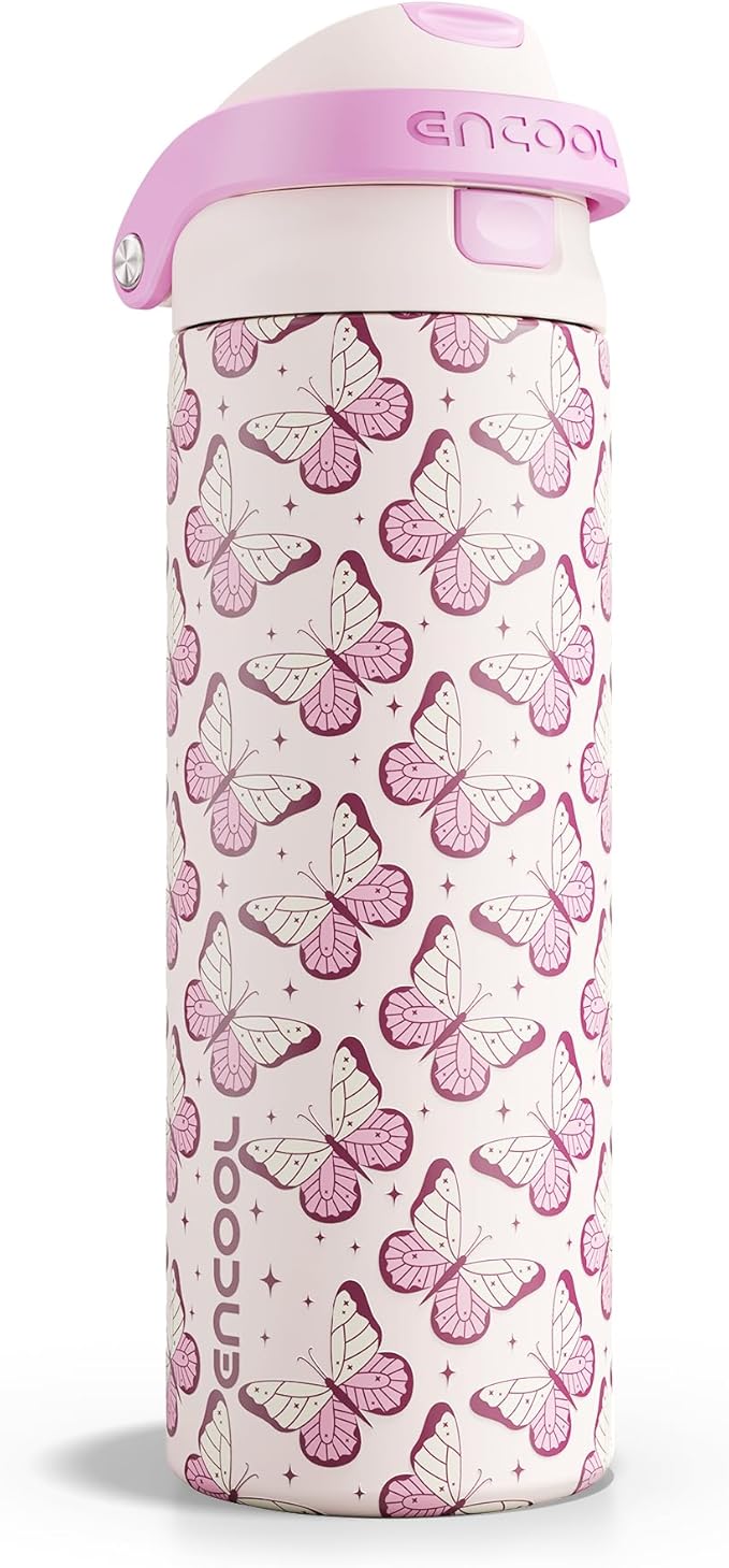 ENCOOL Leakproof Insulated Water Bottle with Straw Dual-Sip Water Bottle Bag-Safe Design for Work, Commute & Gym – Keeps Drinks Cold All Day, 24 oz, Blush Butterfly