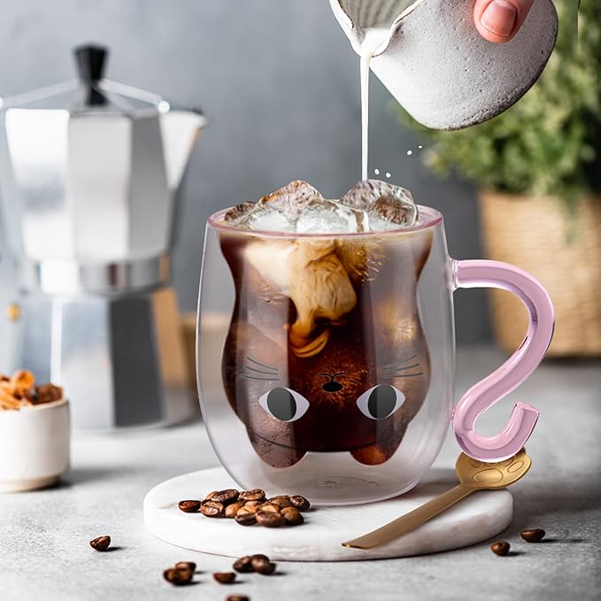 ecooe Cute Cat Mug Double Walled Glass Mug 290ml Coffee Cup Cappuccino Latte Glass Cup with Handle and Spoon, Clear Glass Coffe Mug Tea Cup Cat Birthday Christmas Gifts for Women Kids Girls Friends