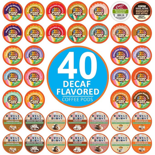 Crazy Cups Flavored Decaf Coffee Pods Variety Pack Compatible with Keurig K Cups Brewers, 40 Count, Assorted Decaffeinated Flavored Coffee Sampler(Pack of 1)