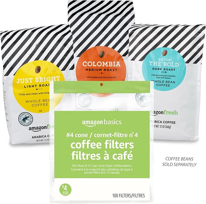 Amazon Basics Number 4 Cone Coffee Filters for 8-12 Cup Coffee Makers, White, 100 Count (Pack of 8)