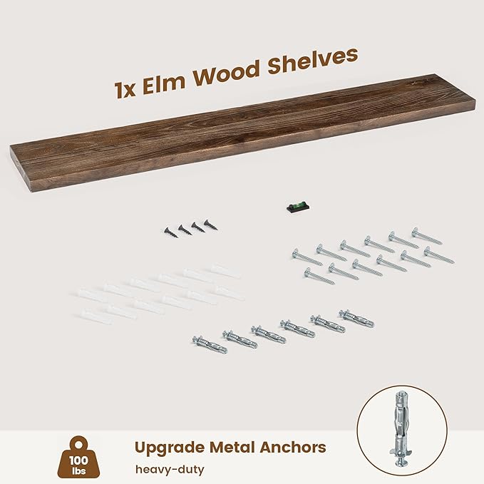 Reclaimed Elm Wood Floating Shelf for Wall, Flat Edge 55"W x 9.2"D x 1.4"H, 1 Pack with Invisible Bracket, Large Wall Mounted Shelf for Living Room Bedroom Kitchen Bathroom Decor, Walnut Finish