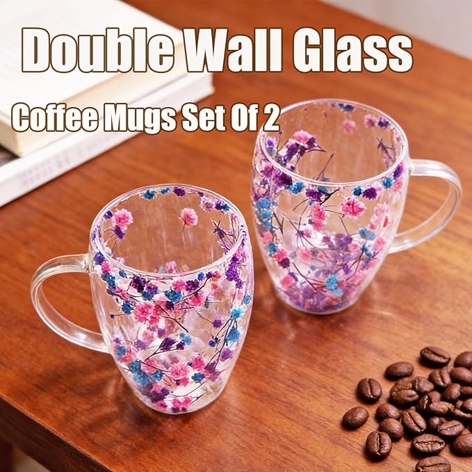 Viovian 13oz Double Wall Glass Coffee Mugs Set of 2 Insulated Glass Coffee Cups with Handles,Clear Dried Flower Tea Mug for Hot Beverages,Tea Cup Women Birthday Gifts