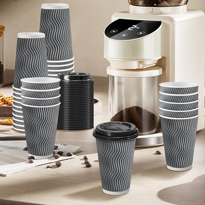Clawsoff 500 Pack Coffee Cups with Lids 16oz, Disposable Insulated Ripple Wall To Go Paper Coffee Cups for Hot/Cold Drinks Office Home Shop Event (Grey)