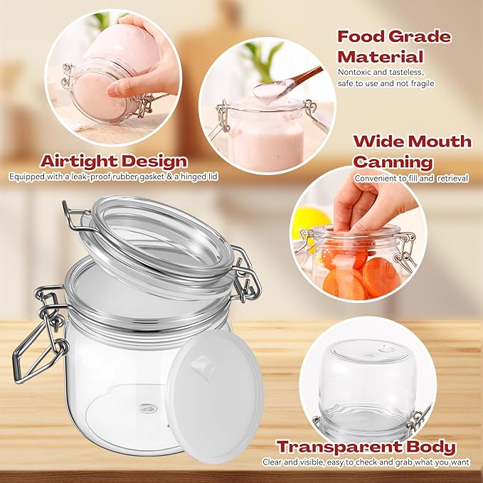Suclain Plastic Storage Jars with Airtight Hinged Lids, Clear Wide Mouth Food Storage Containers Empty Bottles Sealed Jars for Home Kitchen Candy Herbs Spices Coffee Nuts(8 Pcs,10 Oz/300ml)