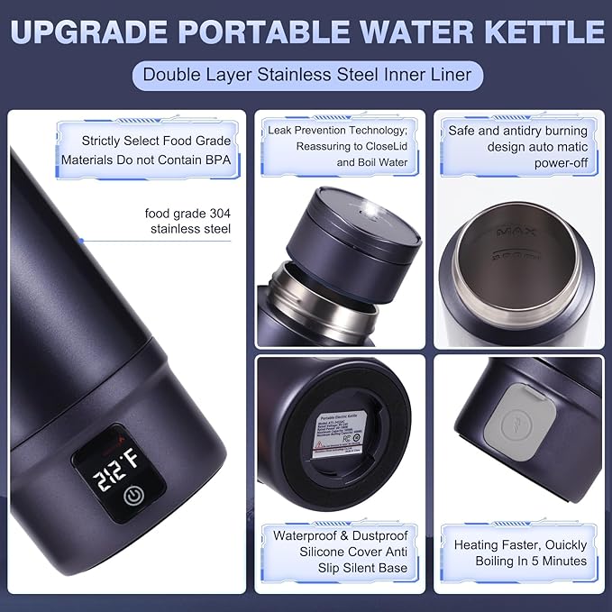Vacuum-Insulated Portable Electric Kettle,Miicasa Stainless Steel Tumbler Small Electric Kettel,Travel Water Boiler with 6 Temperature and Auto Shut-Off Boil Dry,16oz