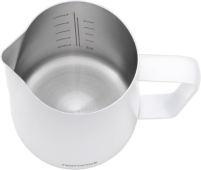 Normcore Milk Pitcher with Round Spout - Espresso Steaming Pitcher - Milk Frothing Jug - Cappuccino Latte Art Barista Cup - Non-stick coating White - 20.3 oz (600 ml)