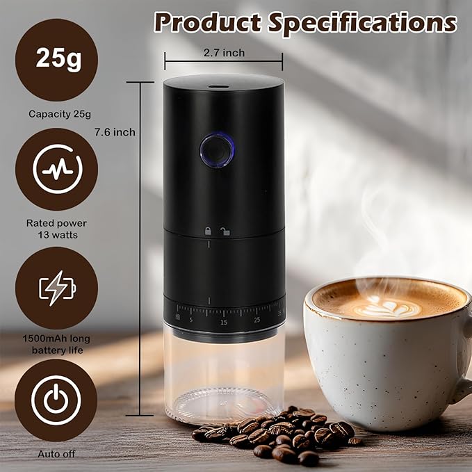 ShunChengFa Portable Electric Coffee Grinder with 38 Adjustable Grind Settings, 1500mAh Rechargeable Battery, Portable Coffee Grinder,For Home, Office & Travel Use etc
