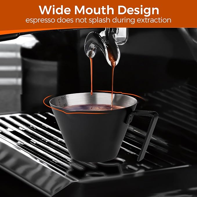 YARRAMATE 2Pcs Stainless Steel Espresso Shot Cup, Double Spout Metal Espresso Measuring Cup with V-Shaped Mouth, Espresso Accessories, 3.4OZ/100ML (Black)