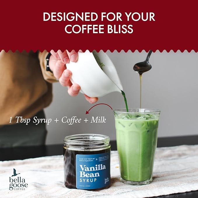 Bella Goose Vanilla Bean Coffee Syrup Jar (16oz) - Homemade Pure Cane Sugar Syrup for Lattes & Desserts - Clean Ingredient - No Artificial Flavors, Oils, Syrups for Coffee Drinks, 32 Servings