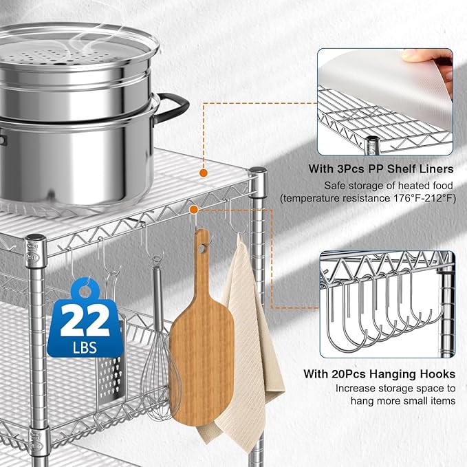 Leteuke Heavy Duty Rolling Utility Cart, 45 Inch Kitchen Carts with Wheels, NSF Commercial Grade with Handle & Shelf Liners, 1120LBS Storage Cart for Kitchen,Restaurant,Plant Display-Chrome