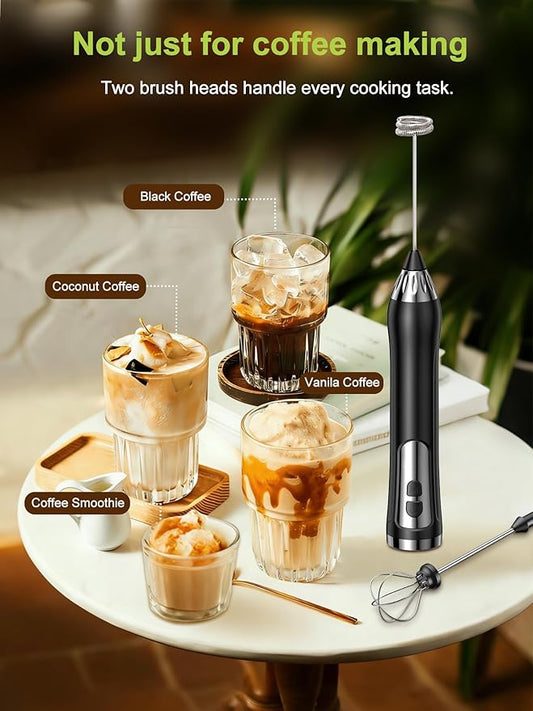 Milk Frother Handheld, Rechargeable Coffee Frother Wand with Detachable Double Whisk, IP67 Waterproof Hand Frother, 3 Grade Speed Fast Foaming for Matcha, Lattes, Cappuccino, Ideal for Coffee Lovers