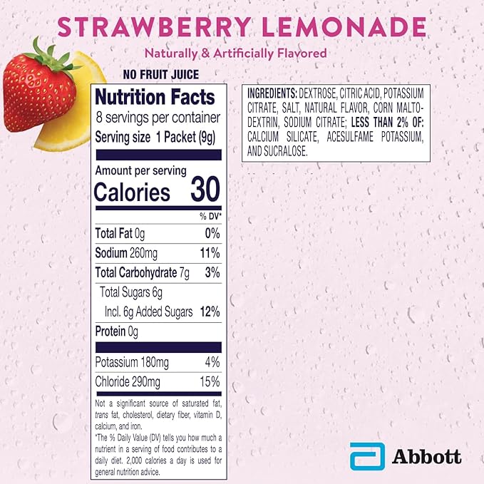 Pedialyte Electrolyte Powder, Hydration Drink for Kids & Adults, Strawberry Lemonade, 8 Powder Packets