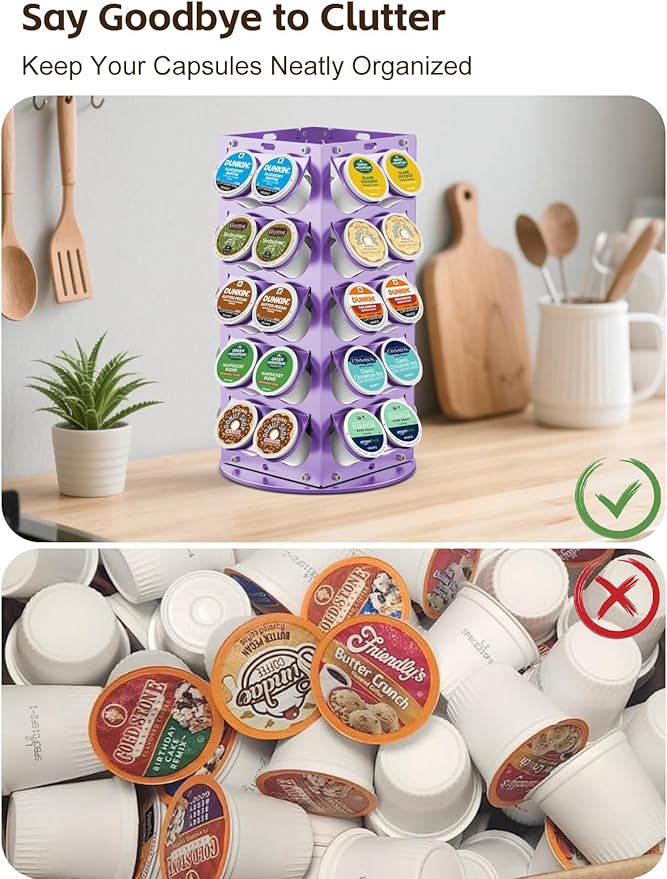 K Cup Holder, Coffee Pod Holder for Keurig - 360° Rotating Aluminum Coffee Organizer for Countertop,Saving Design with Anti-Slip Base for Kitchen or Office,Capacity of 40 Pods,Purple