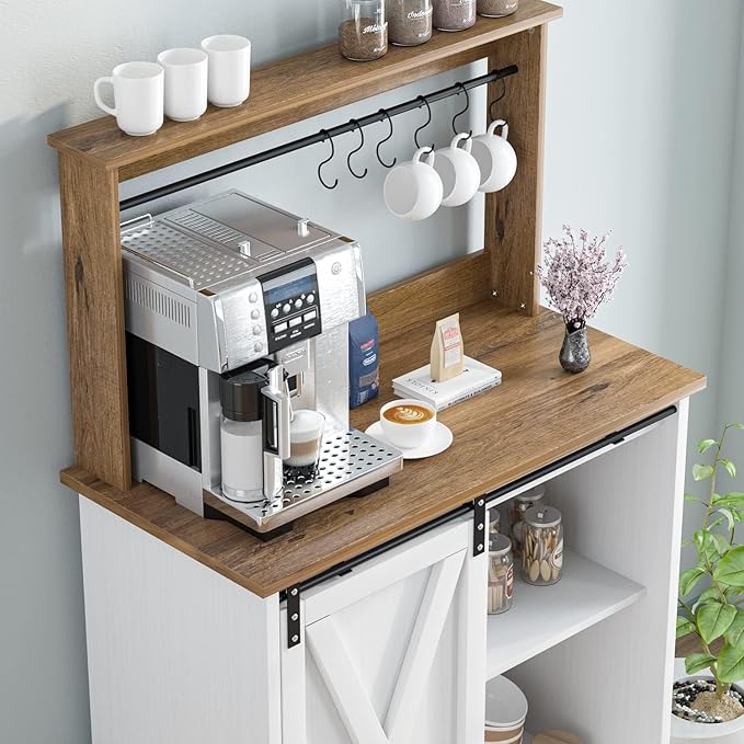 Farmhouse Coffee Bar with Hutch, White Coffee Bar Cabinet with Storage Sliding Barn Door, 31 Inch Buffet Cabinet with 6 Hooks, Coffee Bar Table with Adjustable Shelves for Living Dining Room