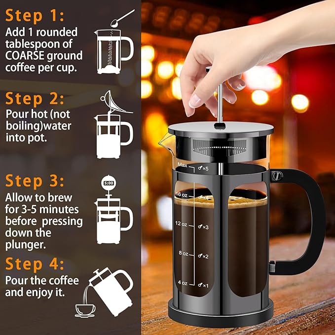 YMMIND French Press Coffee Maker (21oz 600ML 3-4Cup) Coffee Press, with 4 Filters System, Heat Resistant Thickness Borosilicate Glass, Cold Brew Coffee Tea Pot Gifts (Bright Black)