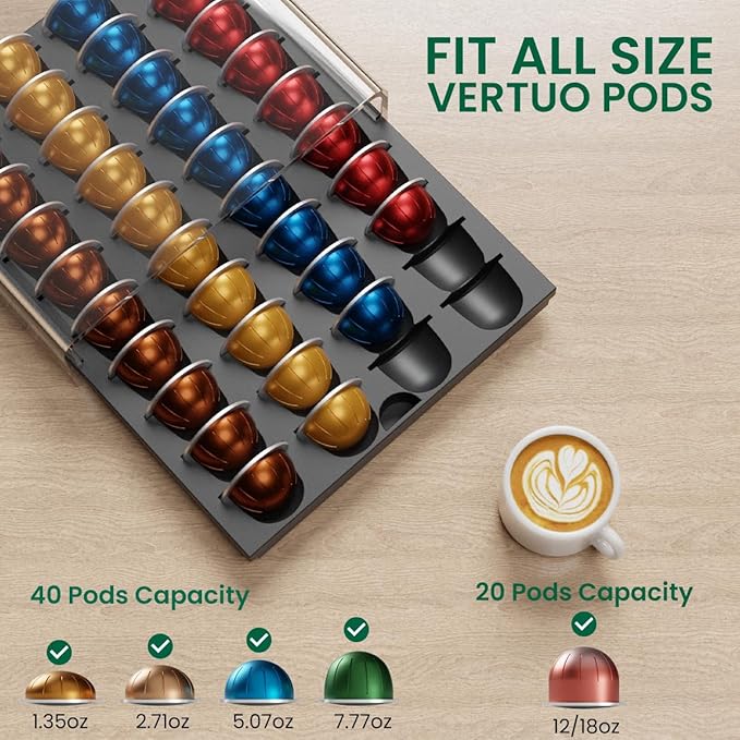 Coffee Pods Storage for Nespresso Vertuo Capsules Organizer, with Arcylic Top & Plastic Drawer, Holds 40 Pods