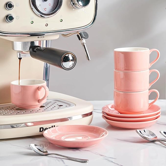 Meichu 2.5oz Porcelain Stackable Espresso Cups with Saucers and Metal Stand Set of 4, Stackable Espresso Cups Set of 4, Pink Expresso Shots Cup Set for Cappuccino, Coffee Drinks, Latte, Tea
